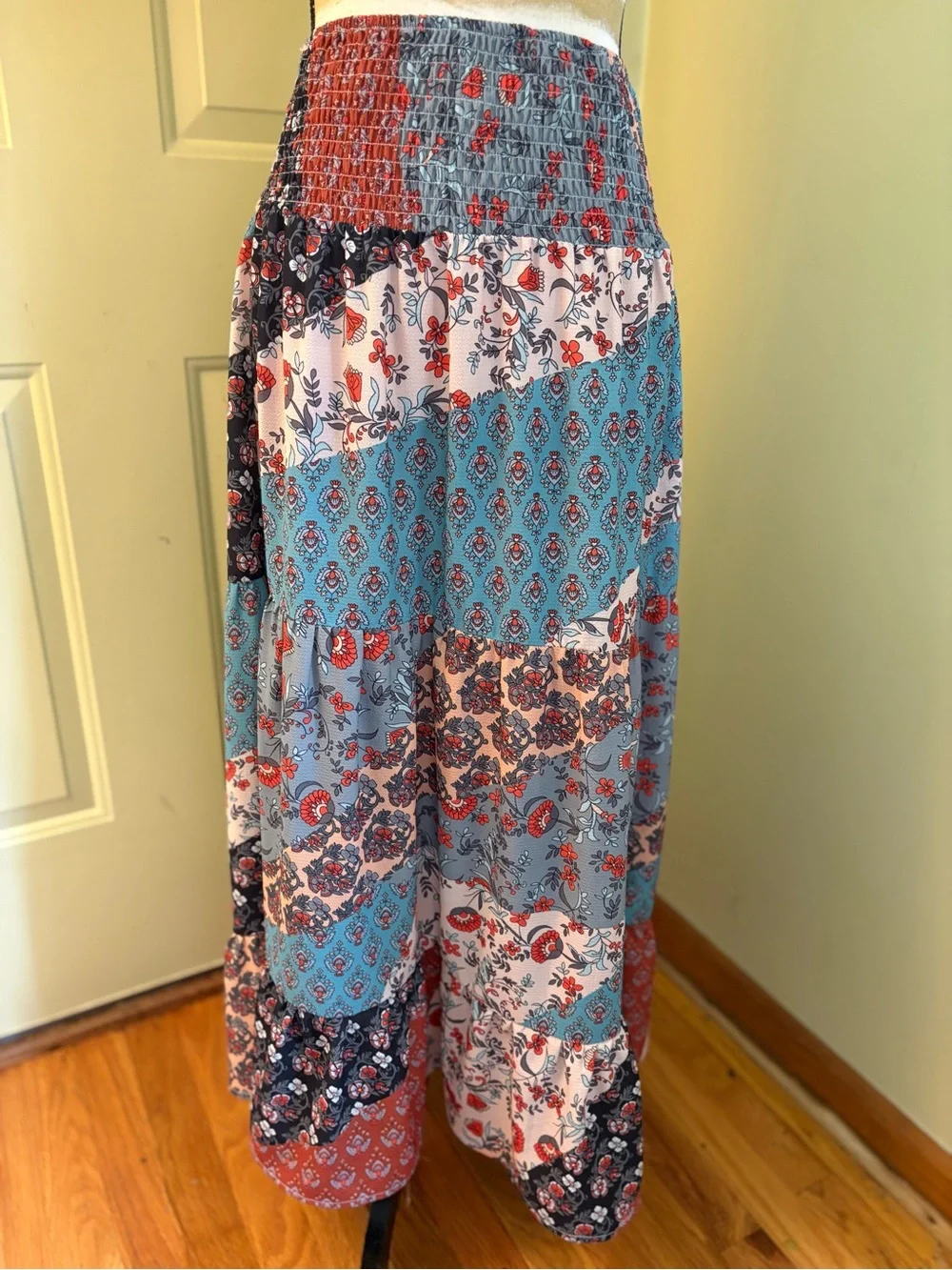 BOHO Printed Patchwork Smocked Waist Maxi Skirt size M - Picture 1 of 11
